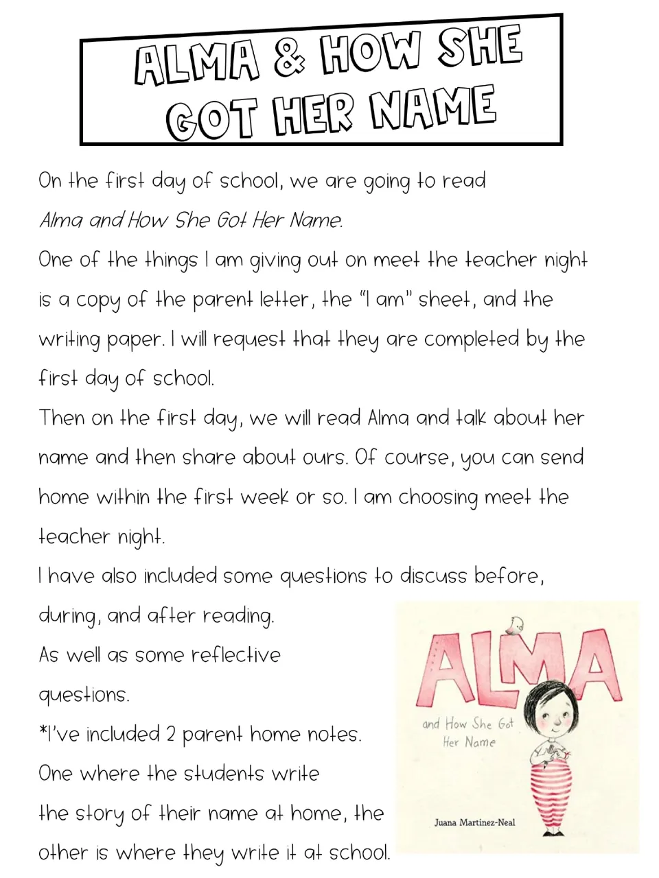 Teacher directions for introducing Alma, sending home name activities, and sharing name stories at school