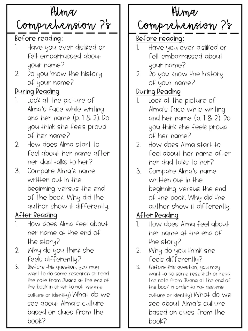 Alma comprehension prompts about names, feelings, and culture before, during, and after reading, printed twice