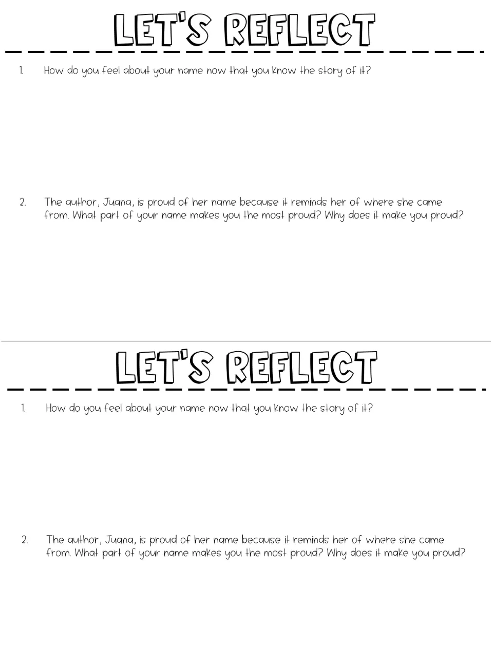 Let's Reflect activity asks how students feel about their names and which part makes them proud, printed twice