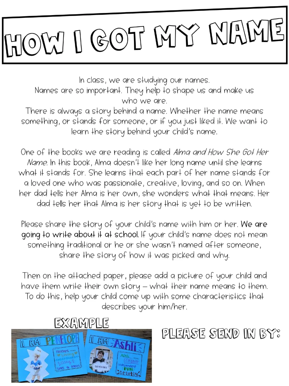 Parent letter requests a child's name story for writing at school and a photo activity describing the child