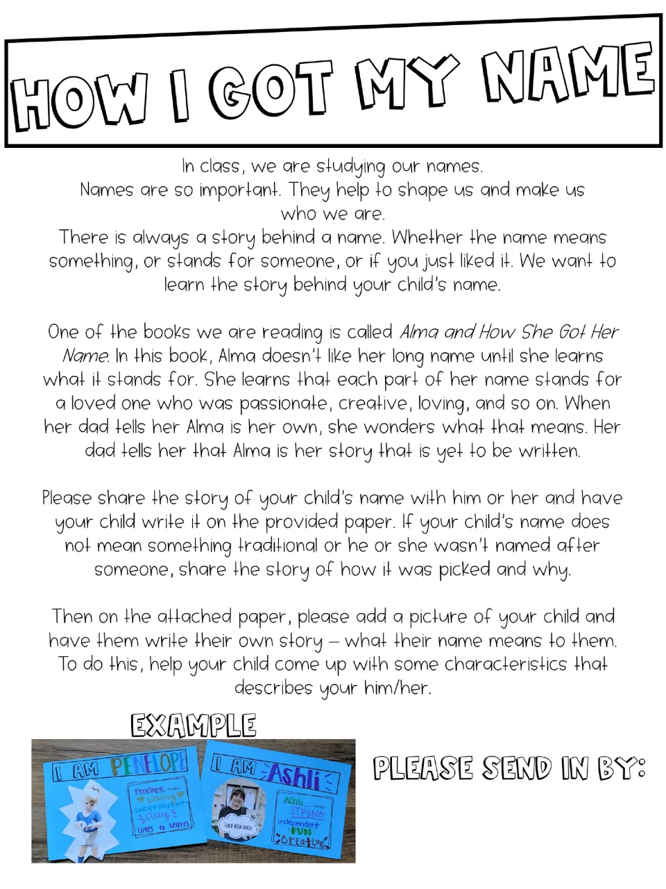 Parent letter asks families to help children write their name stories at home and complete a photo activity