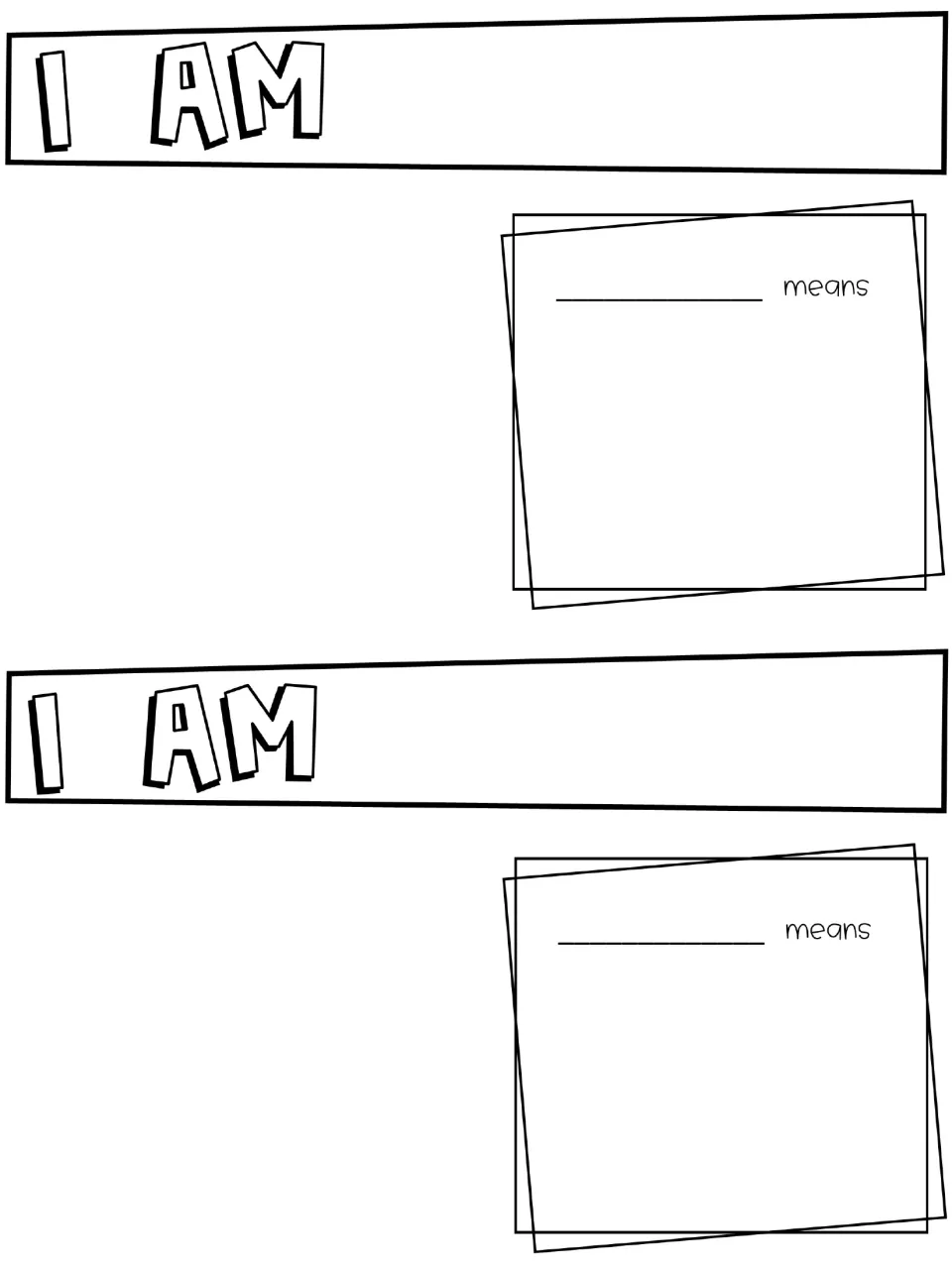Two copies of the I Am identity activity for adding a child's name, photo, and personal characteristics