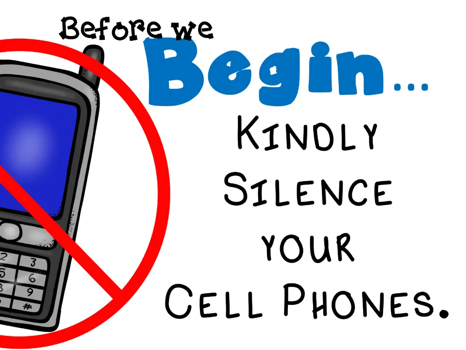 Alternate opening reminder slide says, “Before we Begin,” and asks families to silence their cell phones