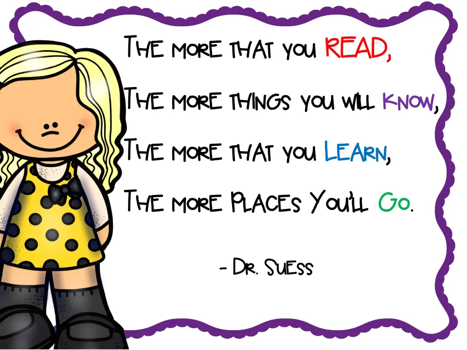 Reading quote slide attributed to Dr. Suess connects reading more with knowing, learning, and going places