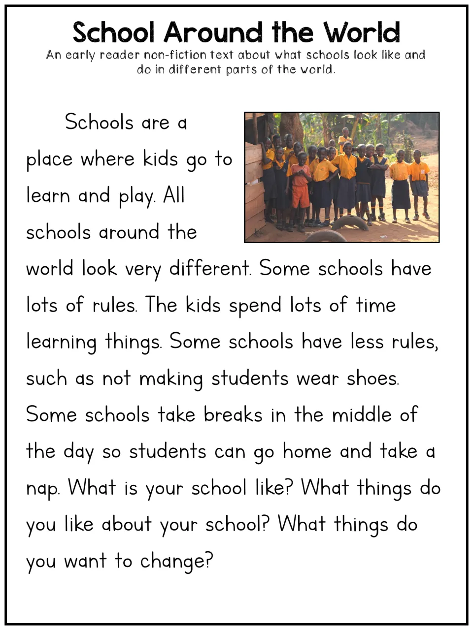 School Around the World, early reader text: students read how schools differ in rules, shoes and midday naps, then reflect