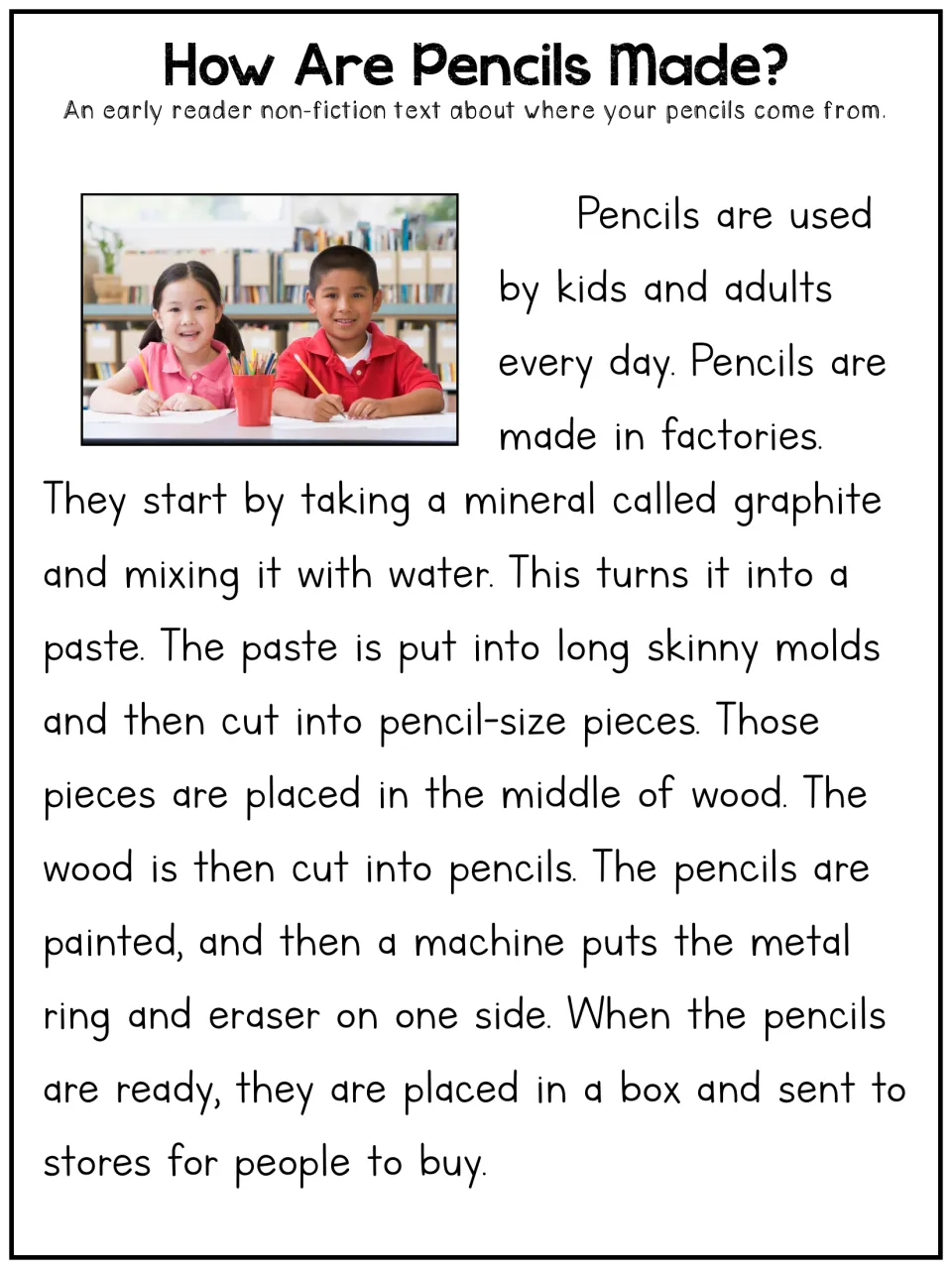 How Are Pencils Made?, early reader text: students read the factory steps from graphite paste to wood, paint and eraser