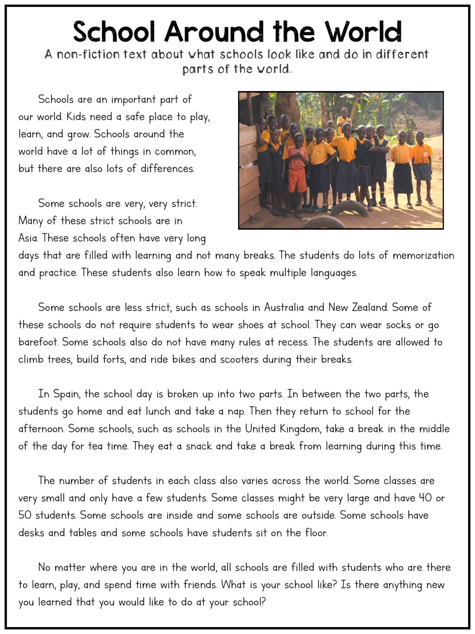 School Around the World, longer text: students read about strict schools in Asia, going barefoot, Spain's naps, UK tea time