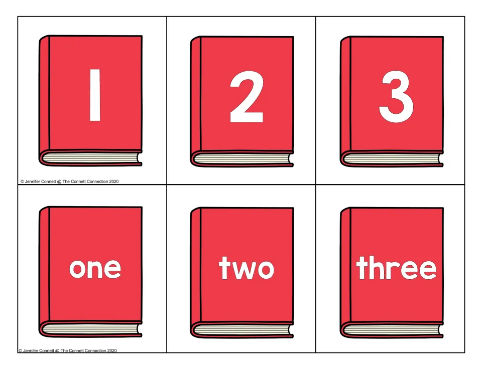 Numbers 1 to 3 on red book cards: numerals 1, 2, 3 and word cards one, two, three to match each numeral to its word