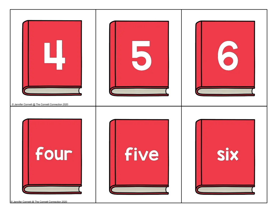 Numbers 4 to 6: red book cards showing numerals 4, 5, 6 and the number words four, five, six for numeral-word matching