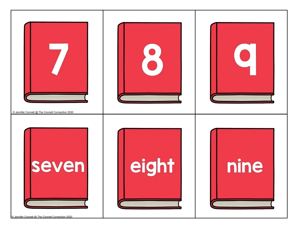 Numbers 7 to 9: numeral cards 7, 8, 9 and word cards seven, eight, nine for pairing digits with number words