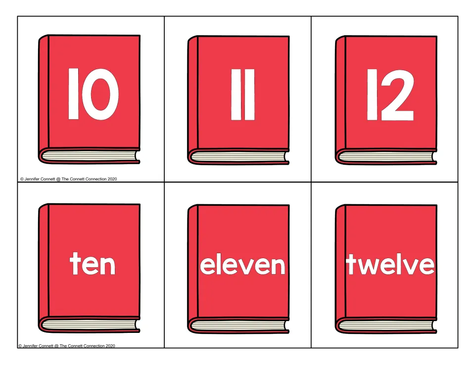 Numbers 10 to 12: red book cards with numerals 10, 11, 12 and the words ten, eleven, twelve to match