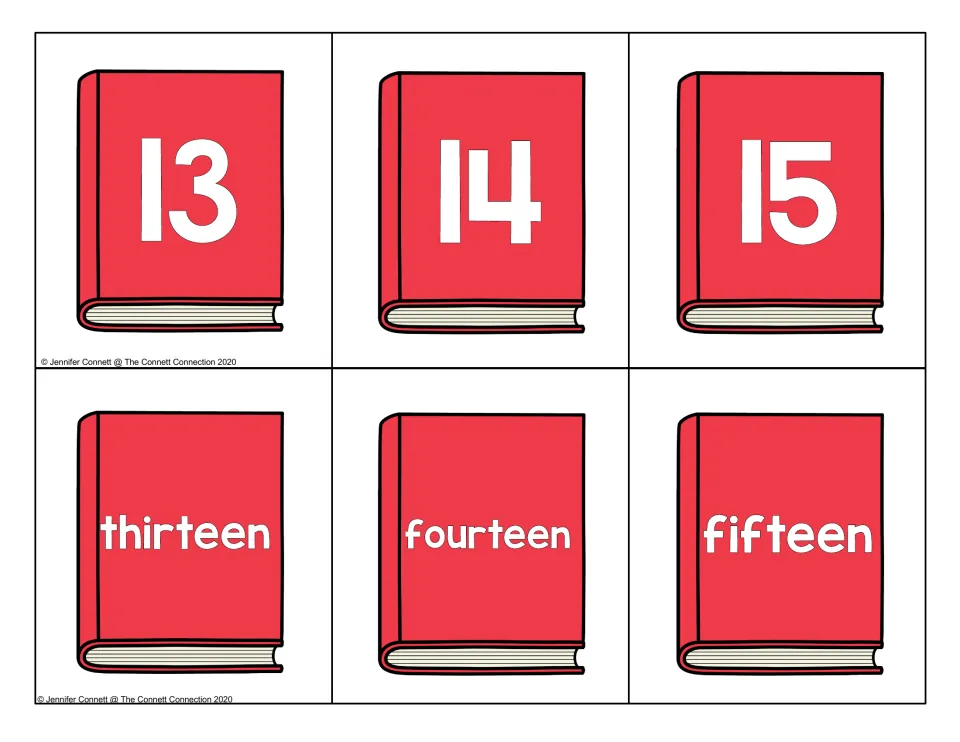 Numbers 13 to 15: red book cards with numerals 13, 14, 15 and the teen words thirteen, fourteen, fifteen to match