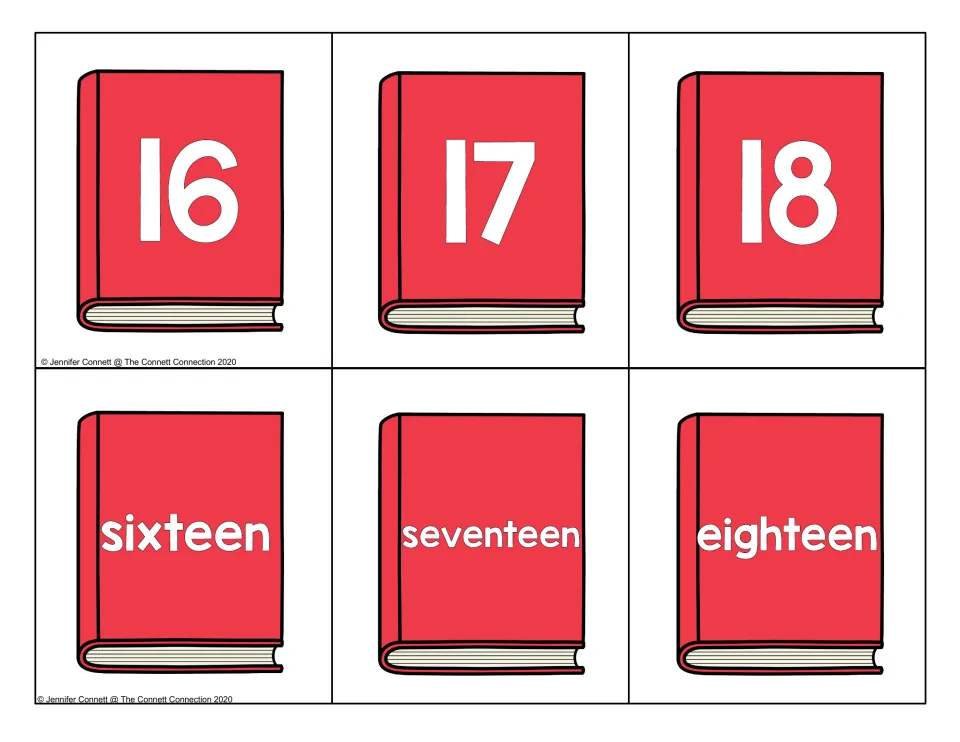 Numbers 16 to 18: numeral cards 16, 17, 18 with word cards sixteen, seventeen, eighteen on red books for matching teens