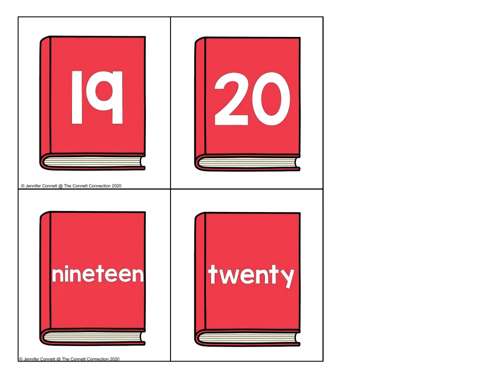 Numbers 19 and 20: the final four red book cards, numerals 19 and 20 with the words nineteen and twenty for matching