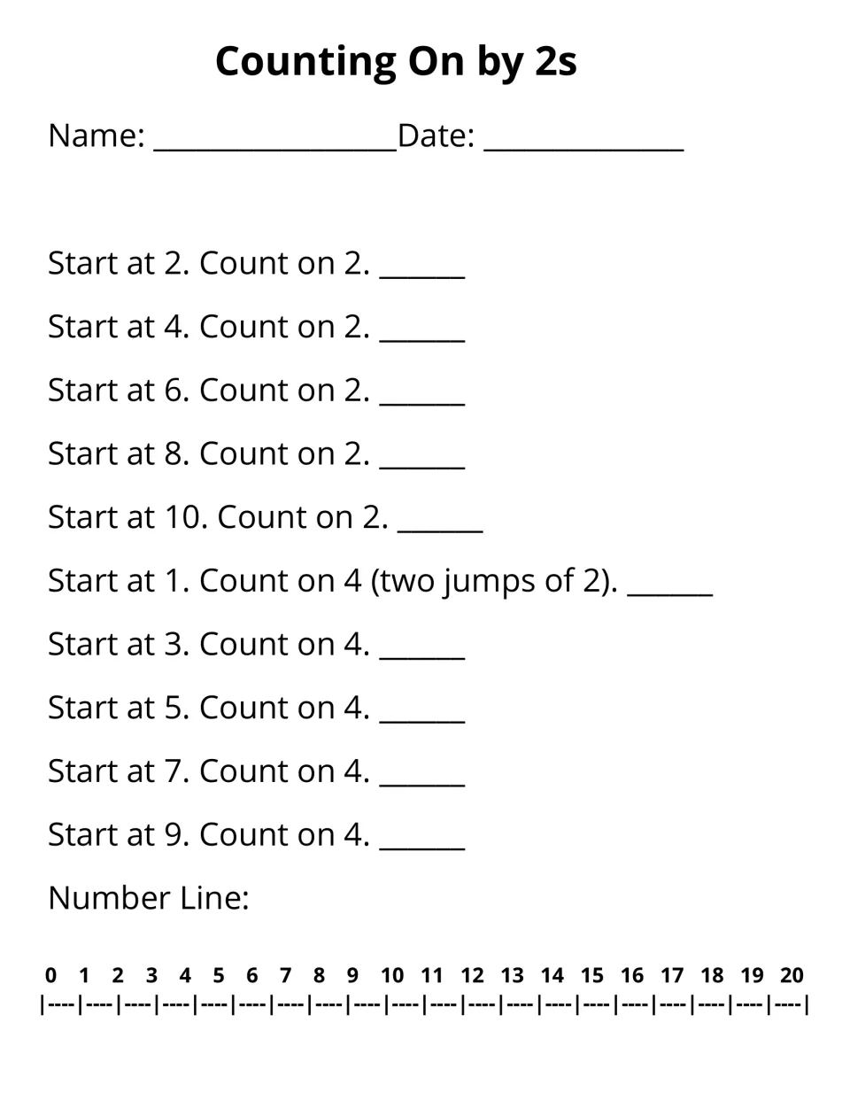 Counting on by 2s: students start at numbers 1 to 10 and count on 2 or 4 (two jumps of 2) on a 0-20 number line