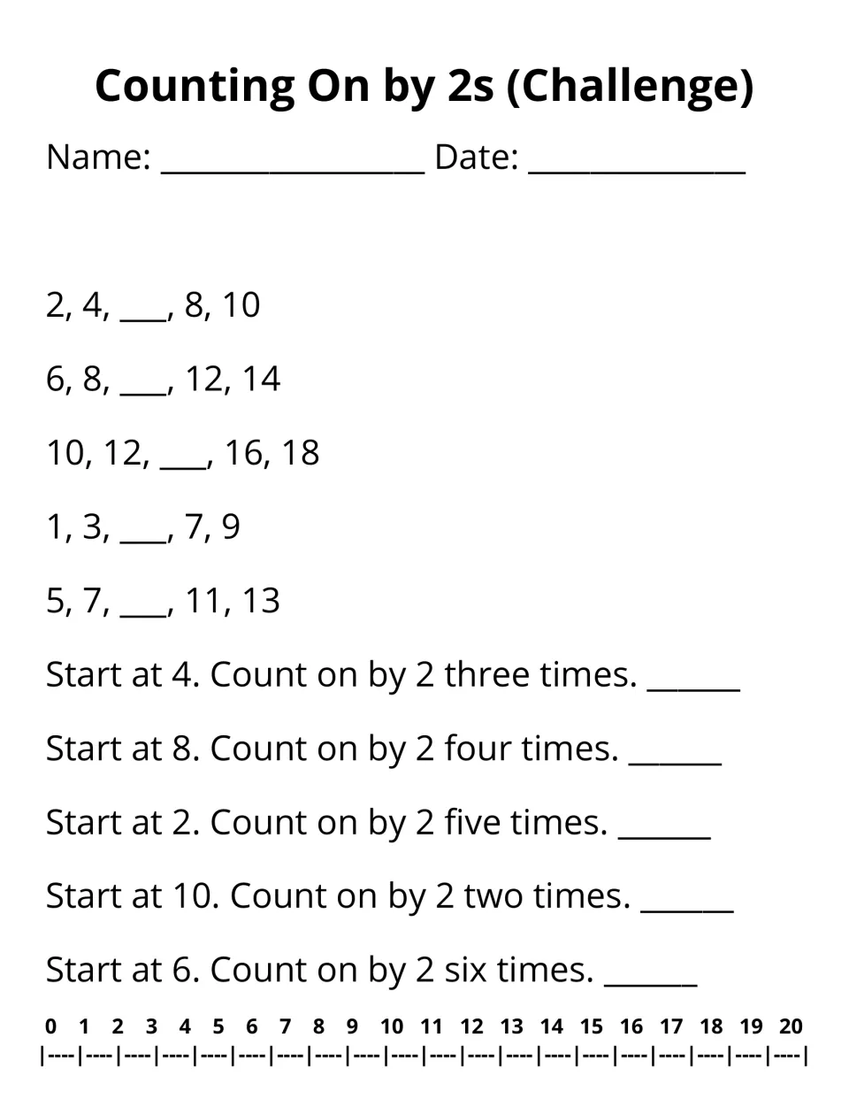 Counting on by 2s challenge: students fill the missing number in 5 skip-count patterns and count on by 2 several times