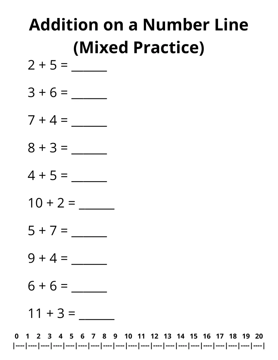 Addition on a number line, mixed practice: 10 sums such as 2 + 5, 6 + 6 and 11 + 3 solved with a 0-20 number line