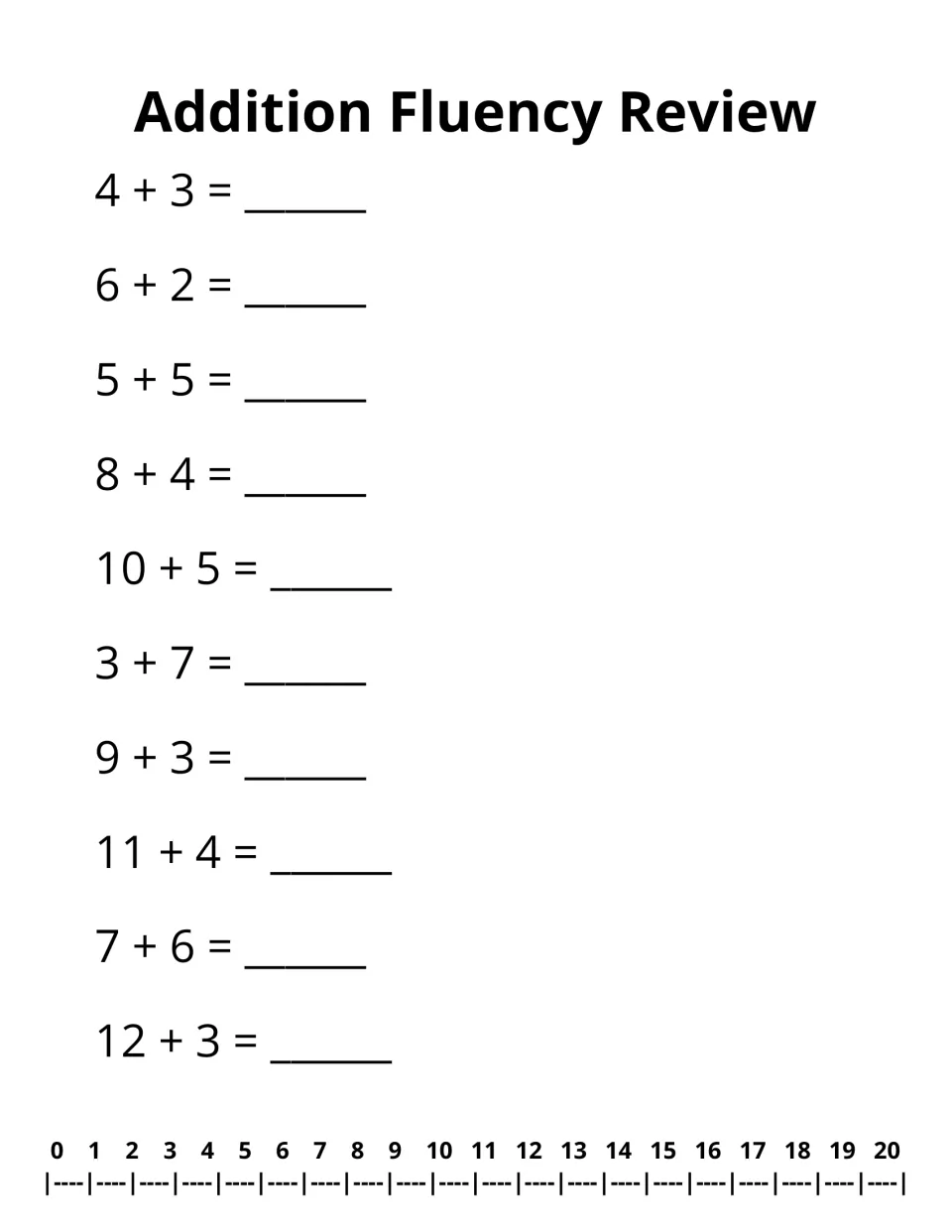 Addition fluency review: students solve 10 facts from 4 + 3 to 12 + 3, with a 0-20 number line available for support