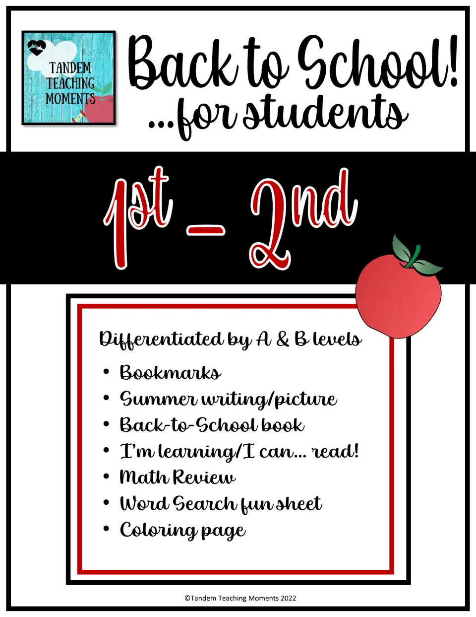 Back to School! for students 1st-2nd cover listing bookmarks, summer writing, a book, math review, word search, coloring