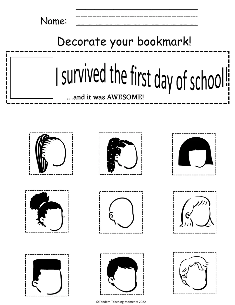 First-day bookmark reading 'I survived the first day of school!' with nine faces students cut out to decorate it