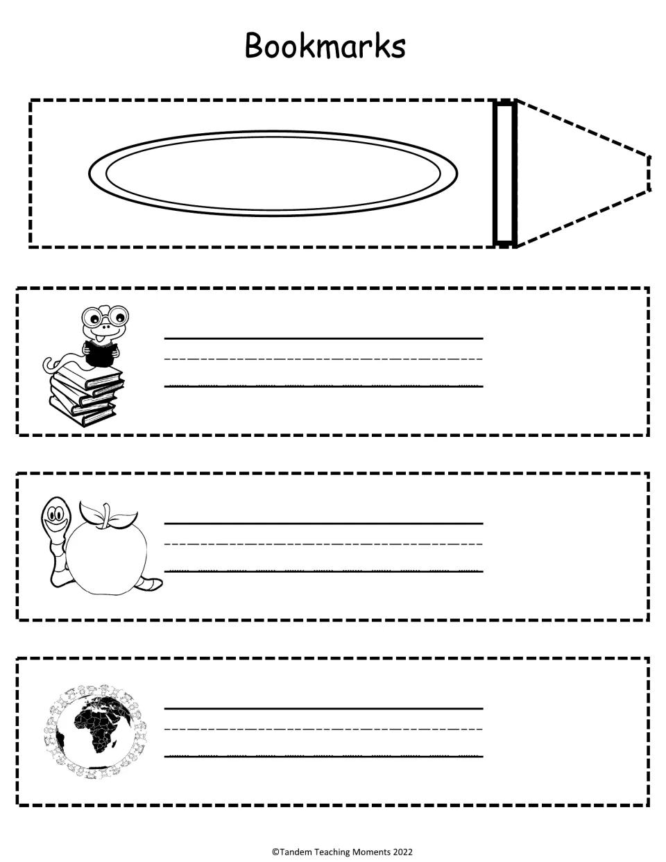 Bookmarks to cut out: a crayon shape and three strips showing a bookworm, an apple worm and a globe