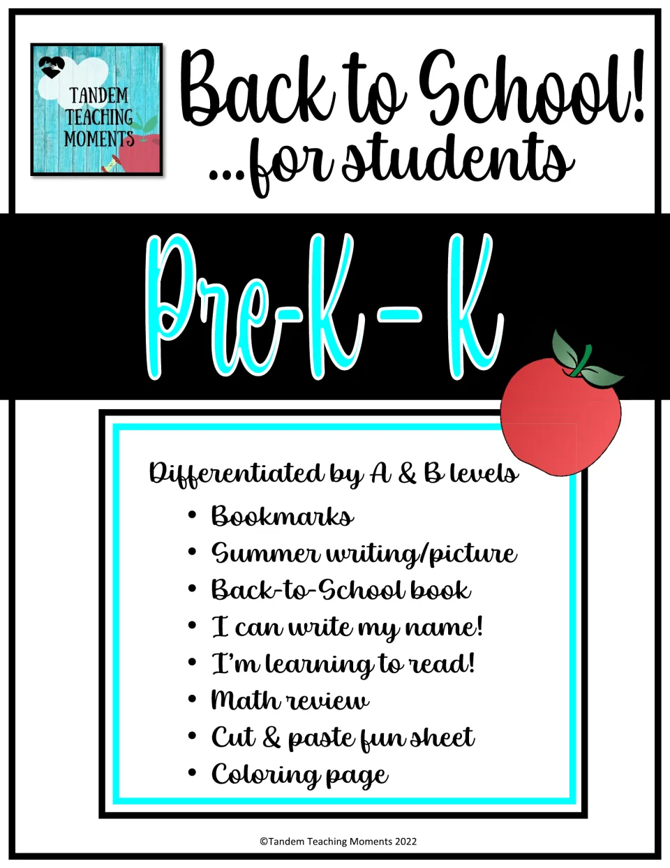 Back to School! Pre-K-K cover listing A and B levels: bookmarks, summer writing, a back-to-school book, math and coloring