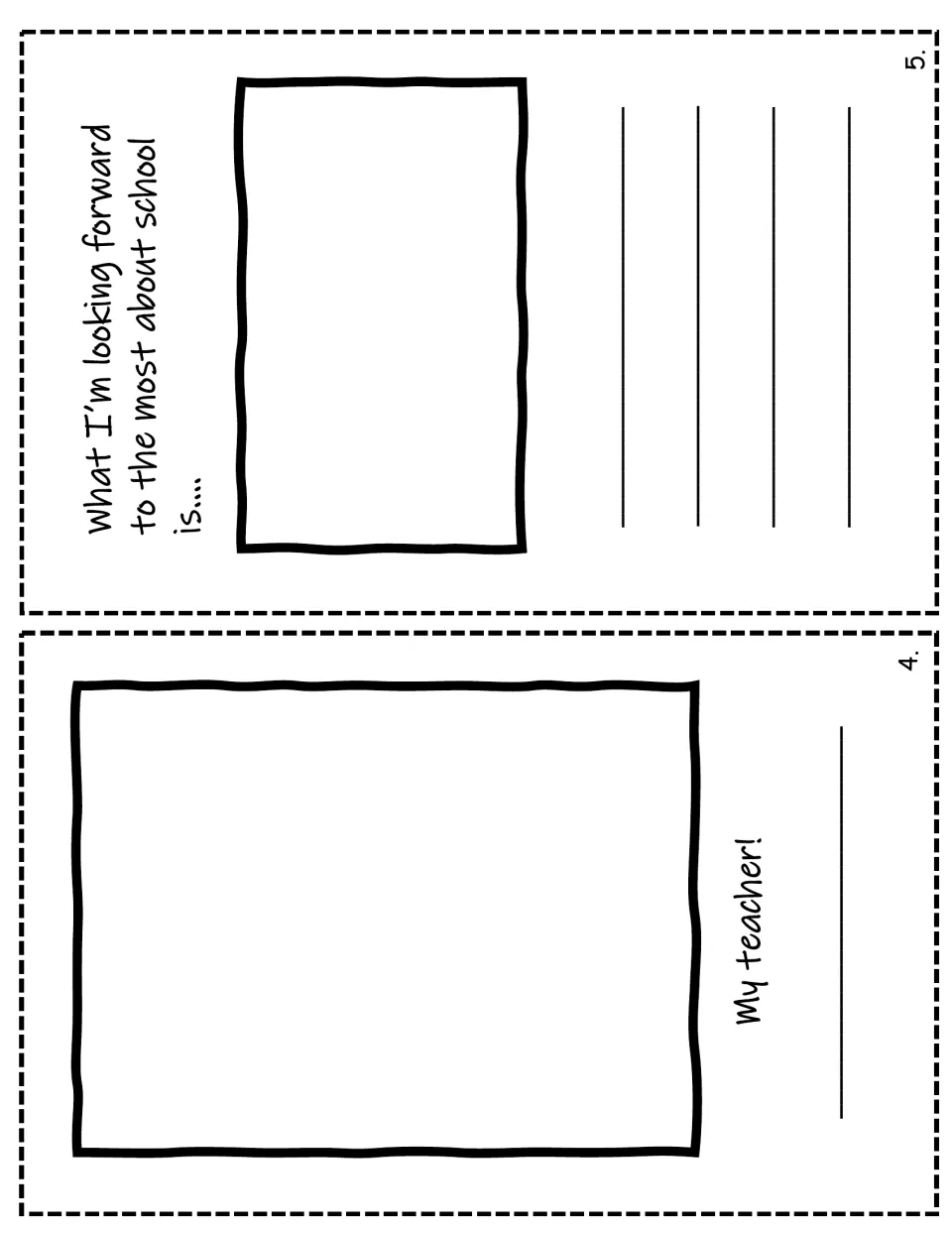 Mini-book pages 4 and 5: students draw their teacher, then draw and write what they look forward to most about school