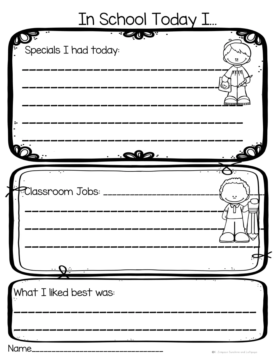 In School Today I... page with kid clip art: students list specials they had today, classroom jobs and what they liked best