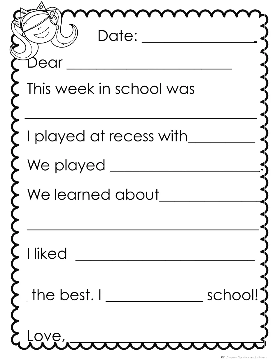 Weekly letter home with girl clip art: students complete frames on how the week was, recess play, learning and a favorite