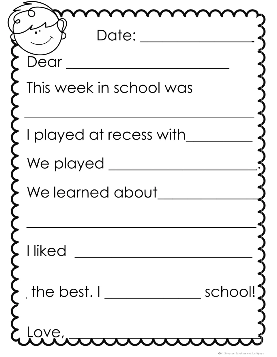 Weekly letter home with boy clip art: students fill in who they played with at recess, what they learned and liked best
