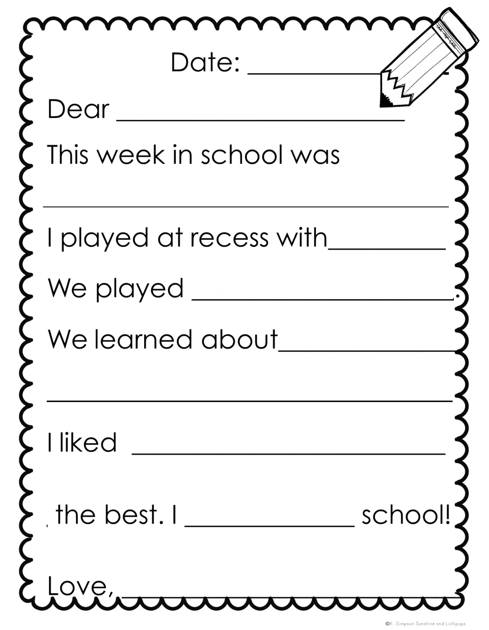 Weekly letter home with pencil clip art: students tell what they learned about and what they liked best, then sign Love