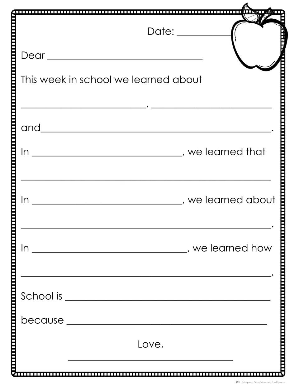 Letter home with apple clip art: students name three things learned this week and write what they learned in each subject