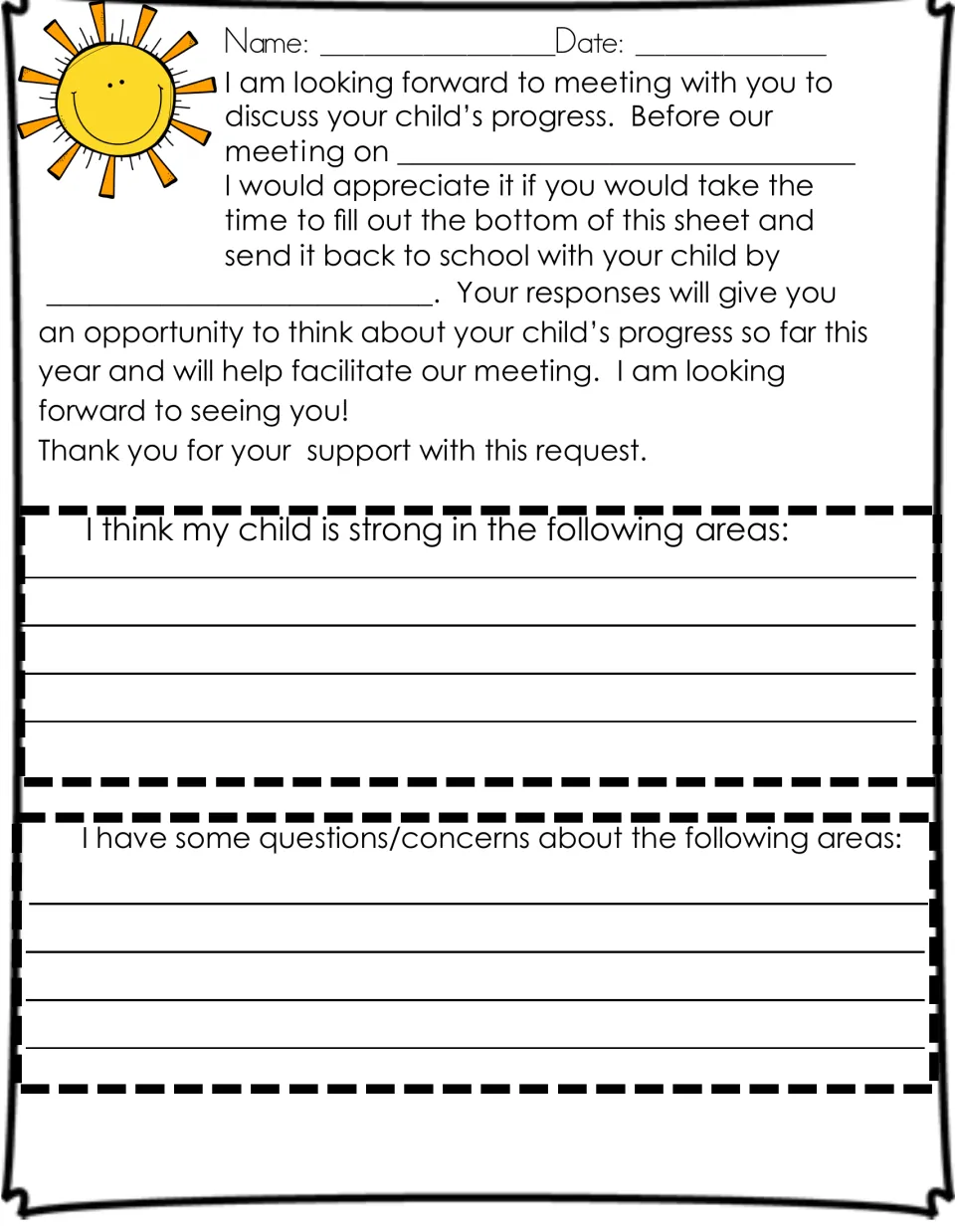 Parent meeting prep form: teacher note asks parents to list areas where their child is strong and any questions or concerns