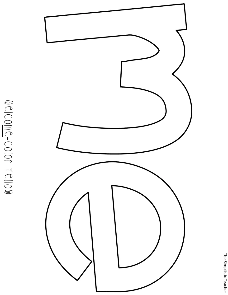 Outline cut-out letters M and E finishing the word Welcome, printed sideways and marked color yellow