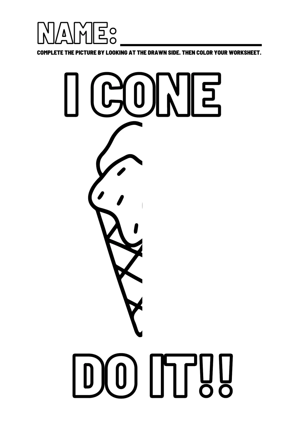 Positive affirmation worksheet 4: complete and color the half-drawn ice cream cone beside 'I cone do it!!'