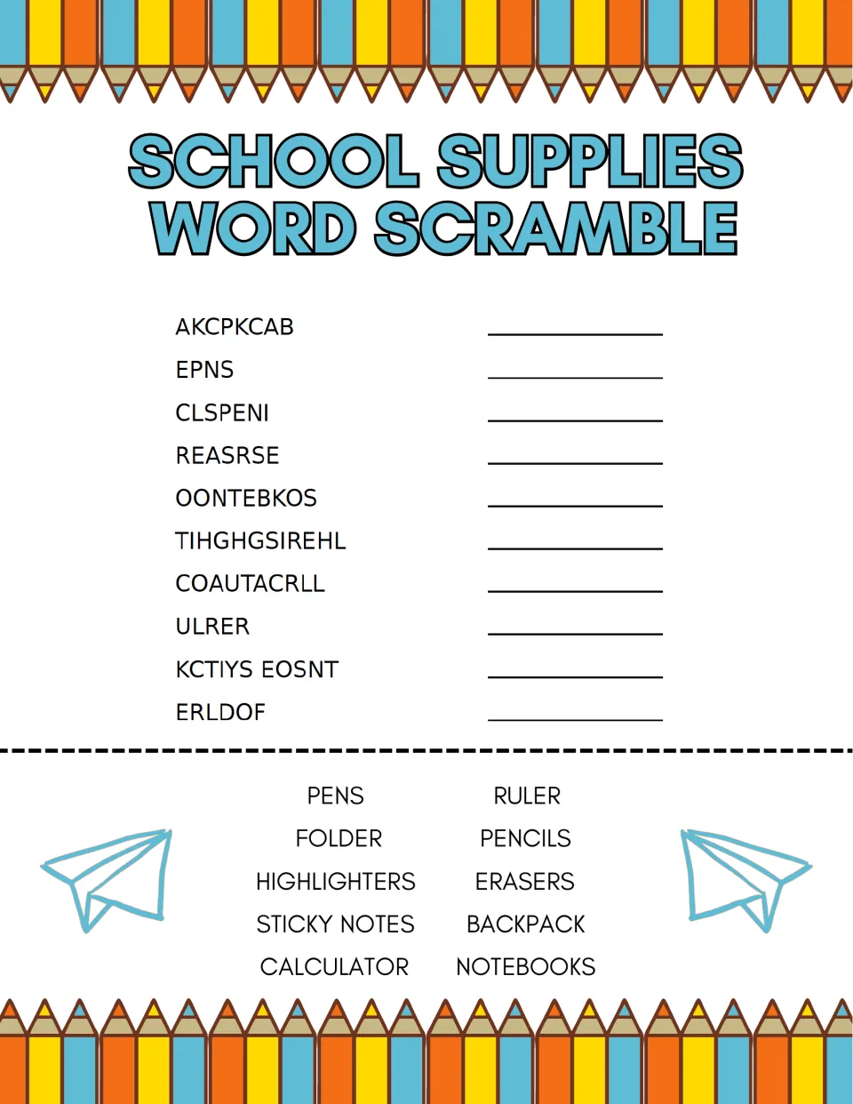 School Supplies Word Scramble: students unscramble 10 supply words like AKCPKCAB (backpack) with a word bank