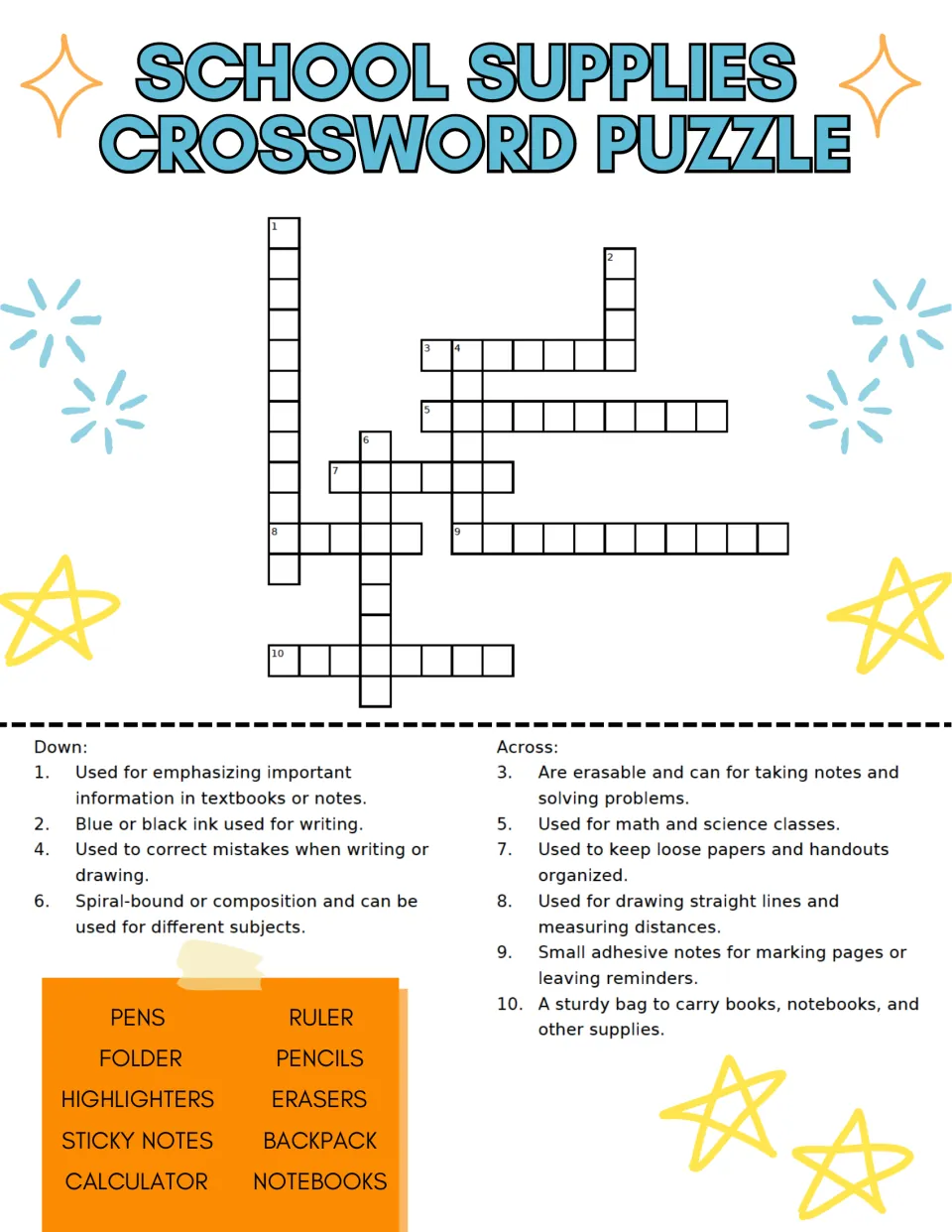 School Supplies Crossword Puzzle: students solve 10 down and across clues describing how each supply is used