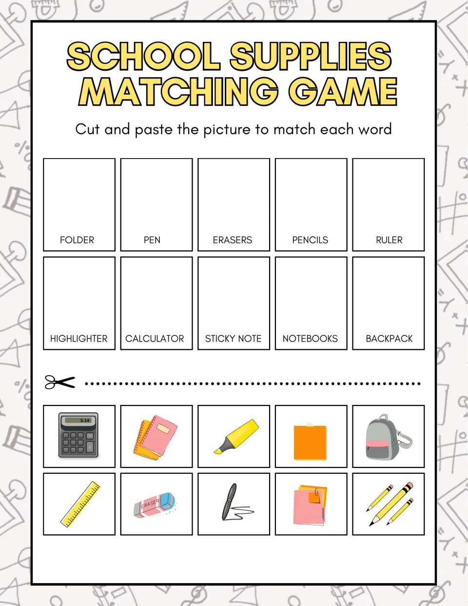 School Supplies Matching Game: students cut out 10 supply pictures and paste each one above its matching word
