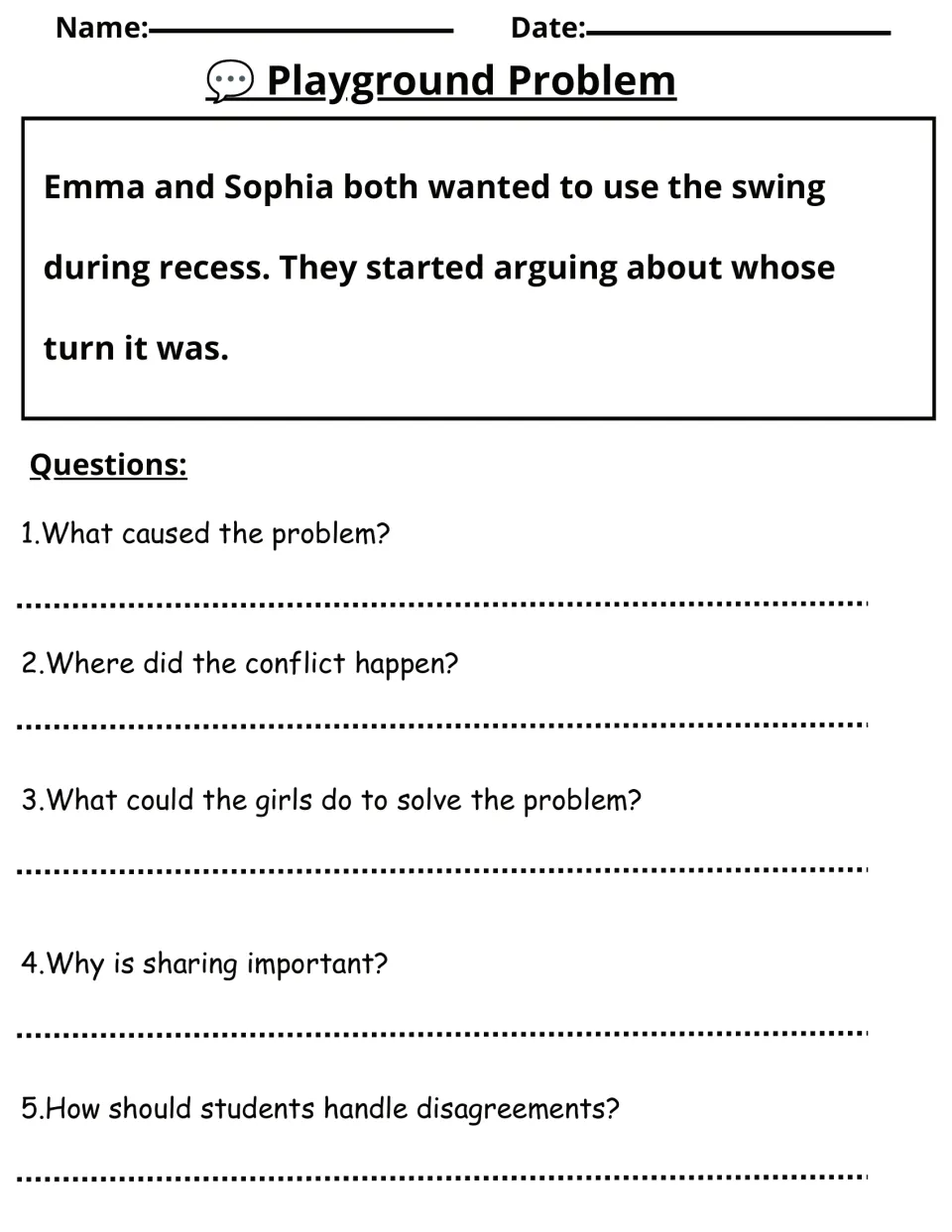 Playground Problem: students read about Emma and Sophia arguing over a swing and answer 5 questions on sharing and conflict