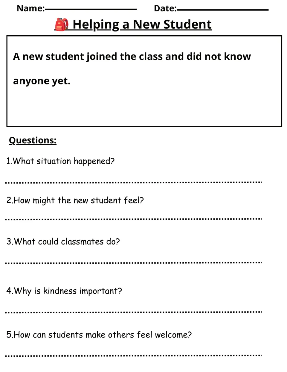 Helping a New Student: students read about a newcomer who knows no one and answer 5 questions on kindness and welcoming