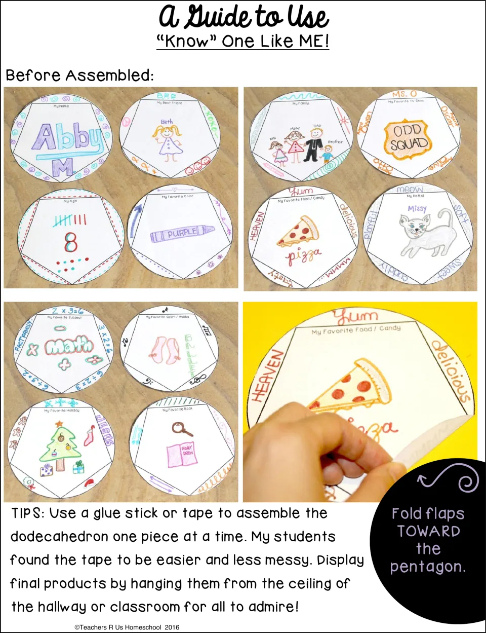 Assembly guide shows decorated about-me faces before assembly and how to fold flaps toward the pentagon