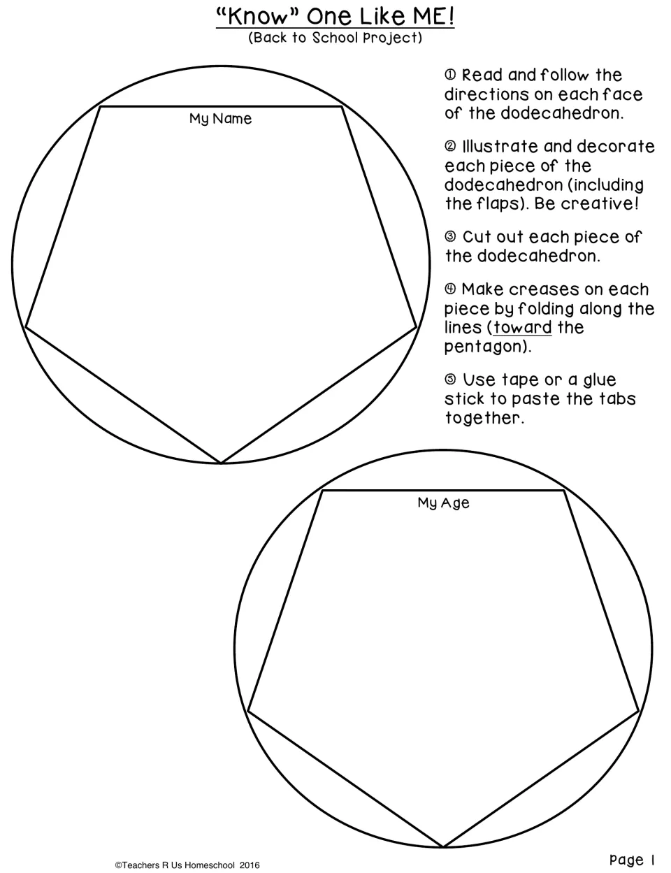 About-me craft template sheet 1 of 6: My Name and My Age faces, plus decorating and assembly directions