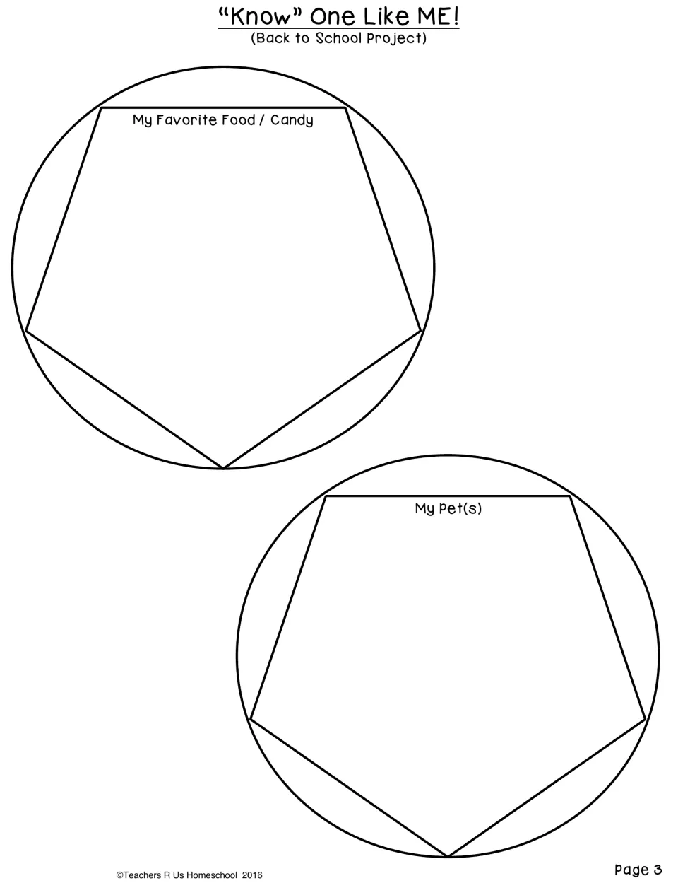 About-me craft template sheet 3 of 6: My Favorite Food / Candy and My Pet(s) faces for the dodecahedron