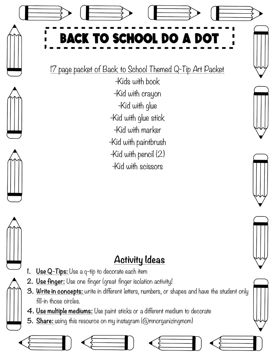 Back to School Do A Dot cover listing kids with a book, crayon, glue, marker, pencil and more, plus 5 activity ideas