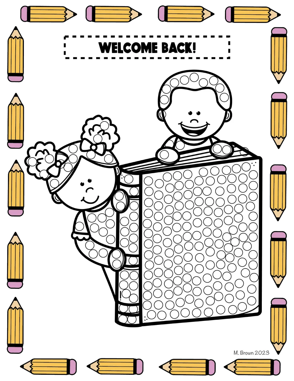Welcome Back! dot art: two children peek over a giant book; students fill each circle with a Q-tip dot of paint
