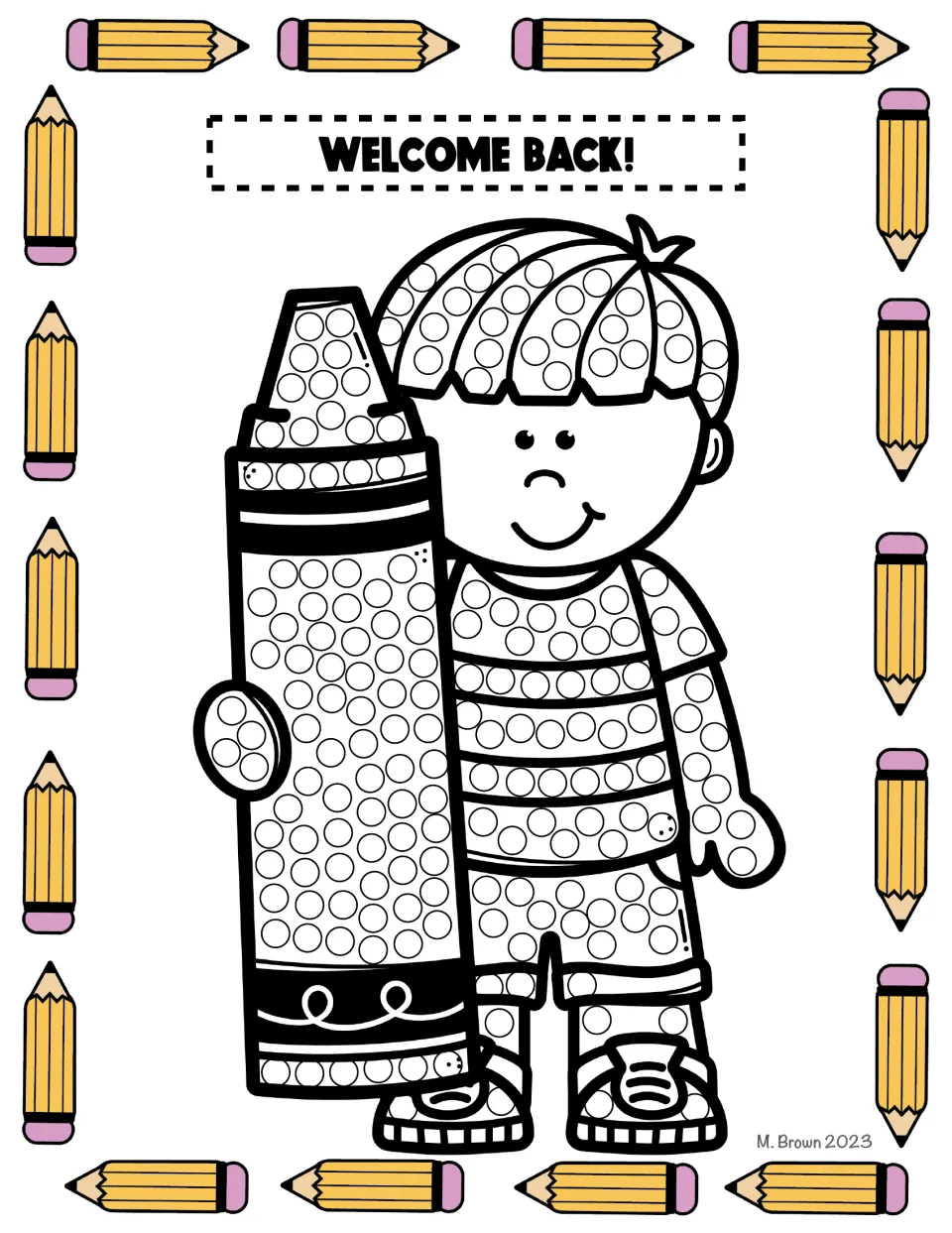 Welcome Back! dot art of a child in a striped shirt holding a giant crayon, with circles to dab using a Q-tip or finger