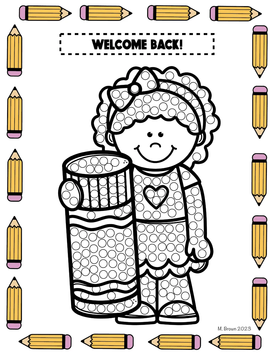 Welcome Back! dot art of a child with a bow and heart shirt holding a giant glue stick, covered in circles to dot