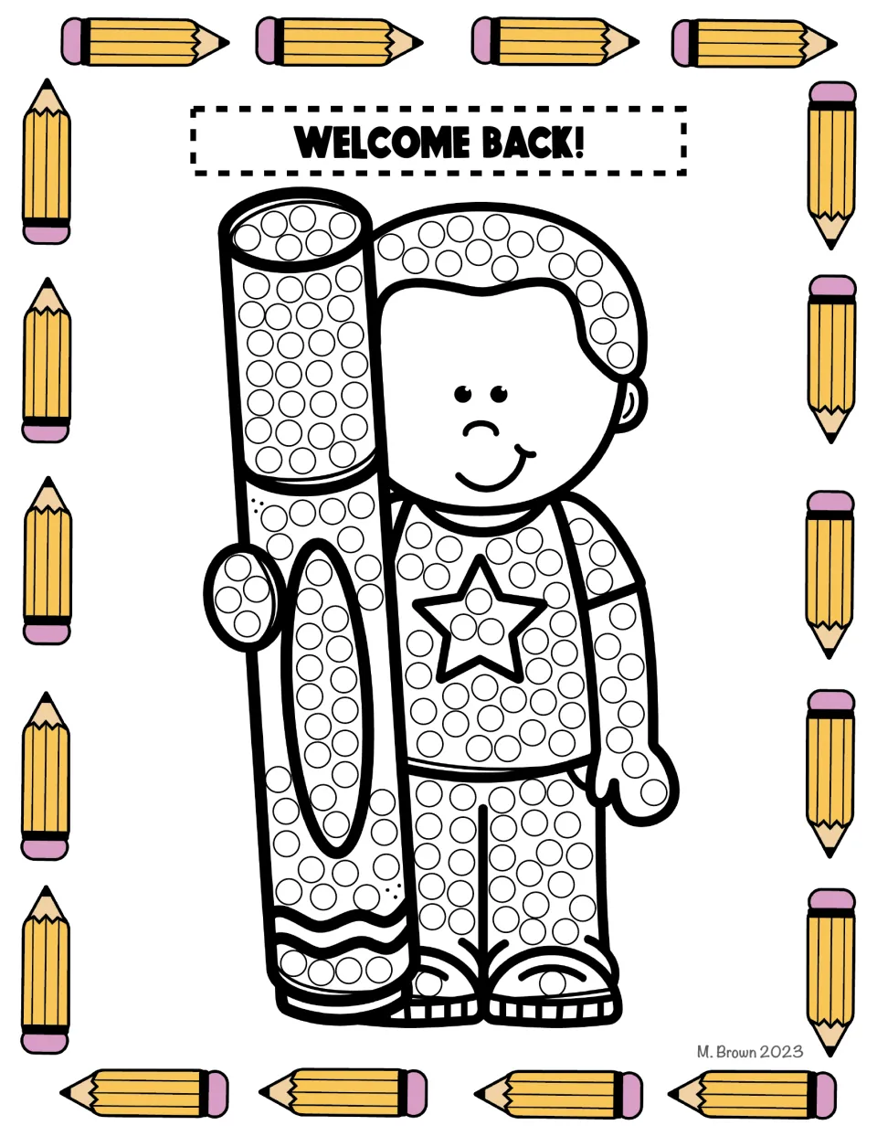 Welcome Back! dot art: a child in a star shirt holds a giant marker; students fill the circles with Q-tip paint dots