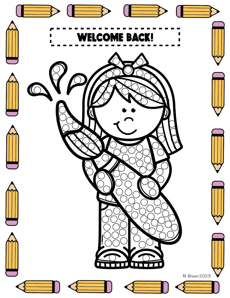 Welcome Back! dot art of a child with a headband holding a giant paintbrush with paint drips, filled with dot circles