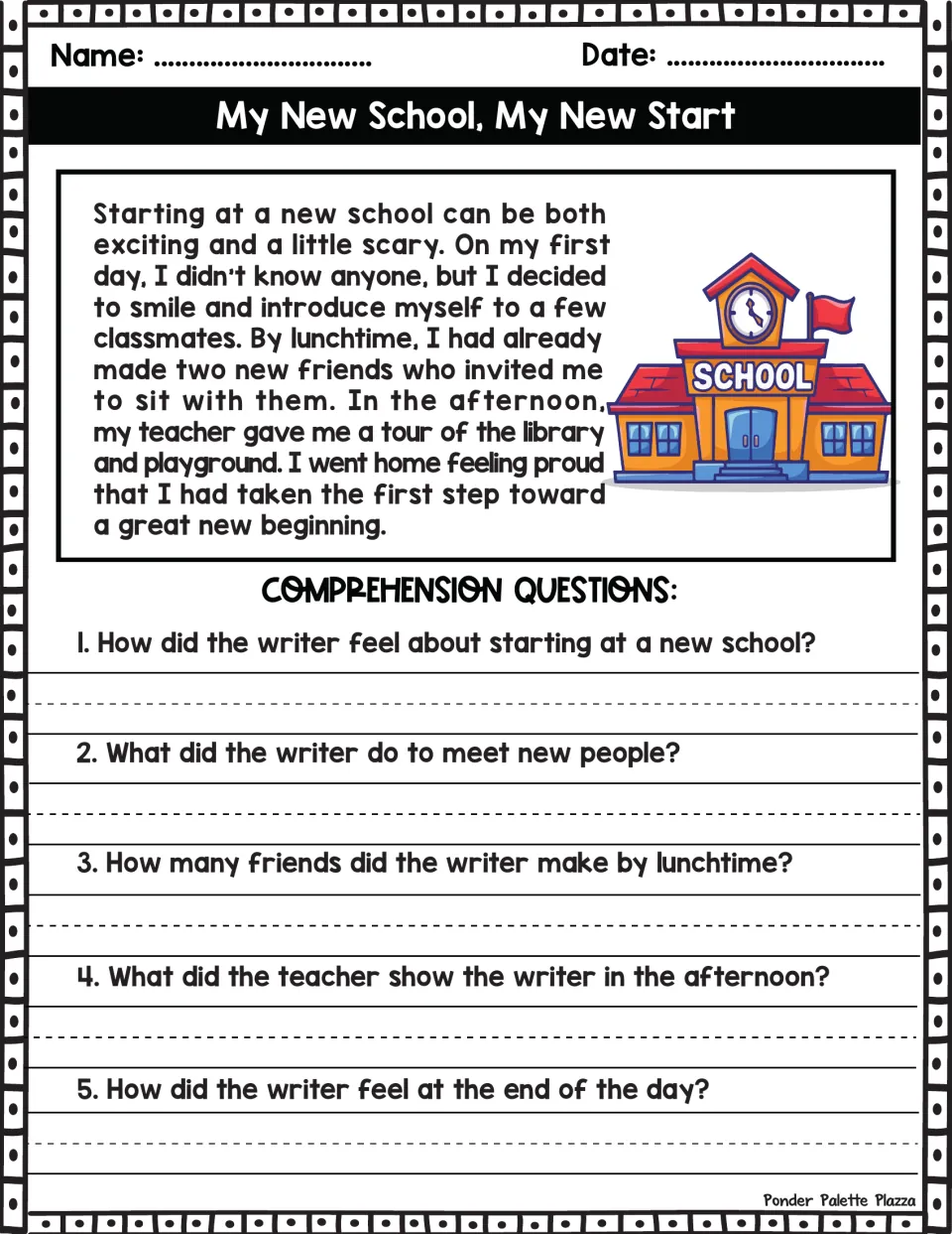 My New School, My New Start: students read a first-person first-day story and answer 5 questions on the writer's day